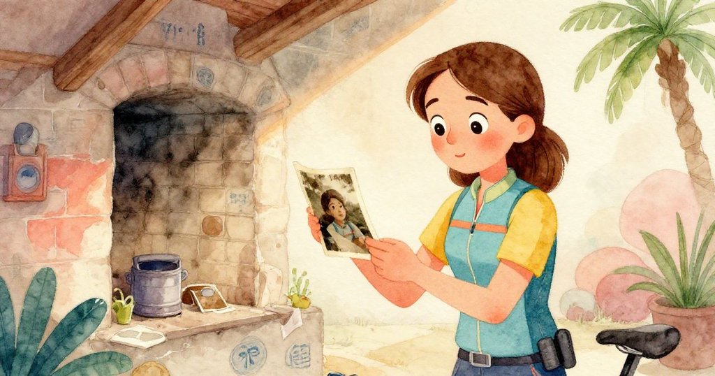 費伊在窯場中細看捲曲老照片,懷舊情懷浮現,眼神流露柔和回憶,背景呈現歷史遺跡。