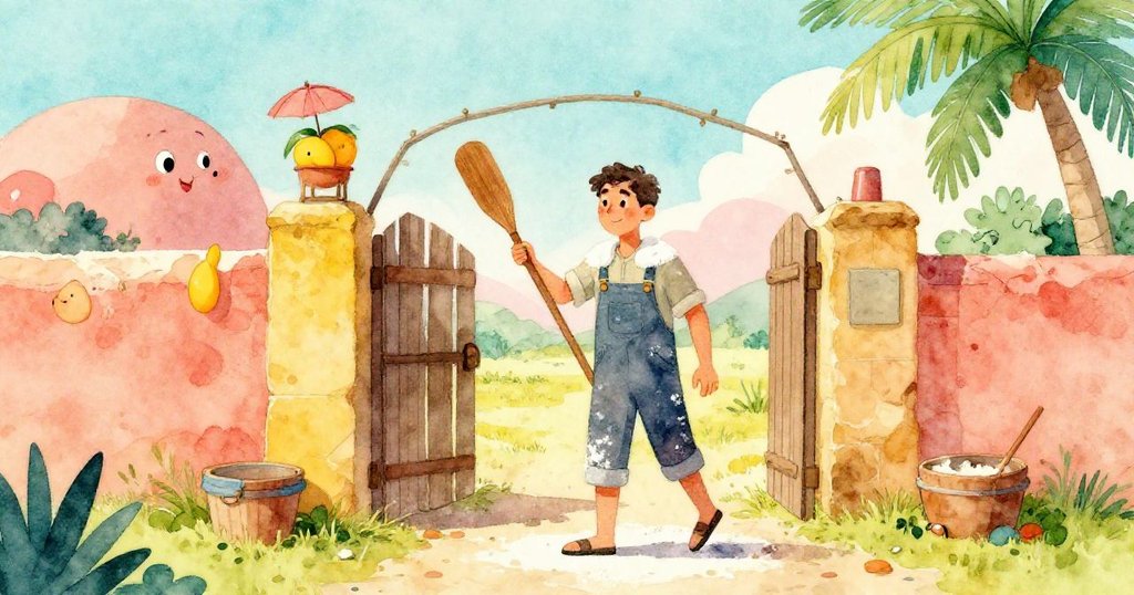 喬爾出現在窯場門前,肩上灑滿麵粉,手持木槳,目光溫暖而專注,彰顯即將合作之情。