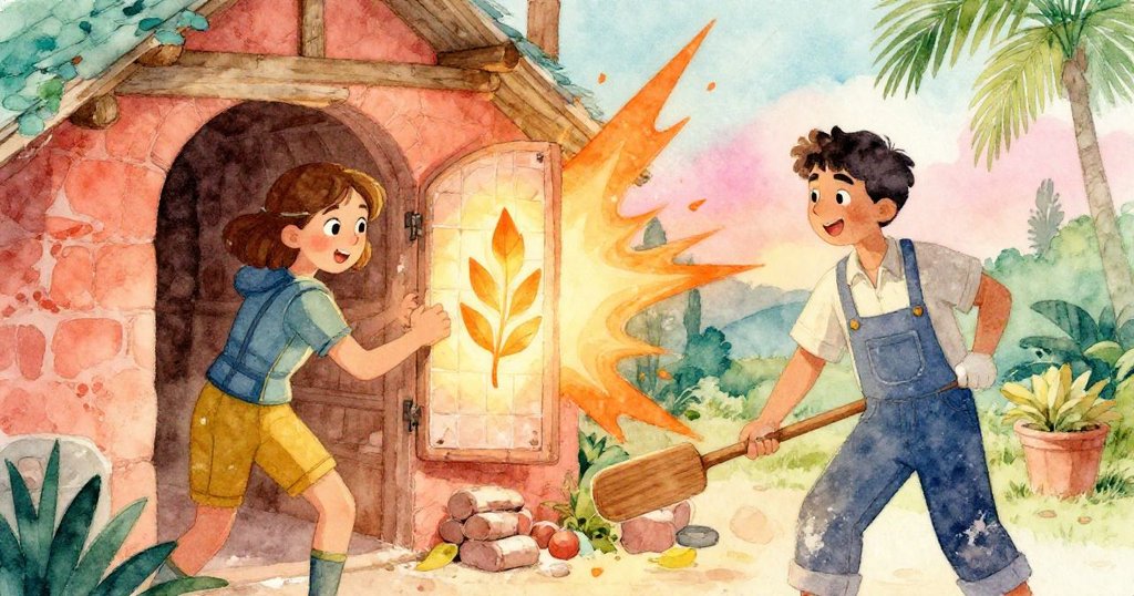 費伊緊握窯門鉸,喬爾迅速揮槳,橙光四射,閃現出葉形瓷磚,二人合作展現迫切活力。