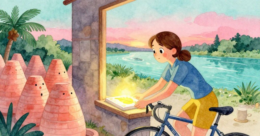 夕陽餘暉中,費伊輕放發光葉形瓷磚於窗台,神情溫柔而沉穩,窯場與自然交織呈現安詳終章。