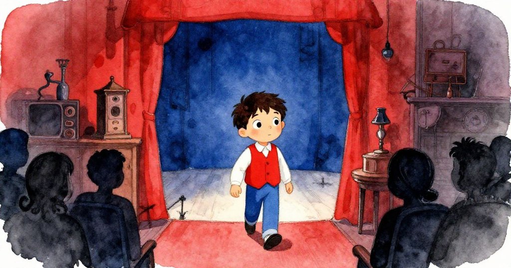 麥克斯穿越破舊幕後門口，背景暗影人群與古董道具環繞，神秘燈光映出期待情緒。