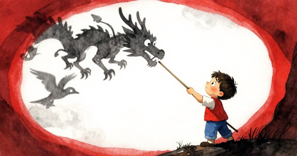 透過扭曲角度見麥克斯調整幕偶，龍影與鳥形朦朧交錯，呈現夢幻變化與神秘氛圍。