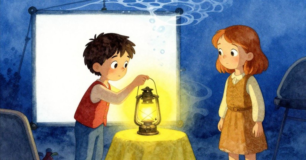 如水般朦脈幕布前，梅穩握發光燈具，麥克斯專注操作，光影流動間充滿夢幻意境。