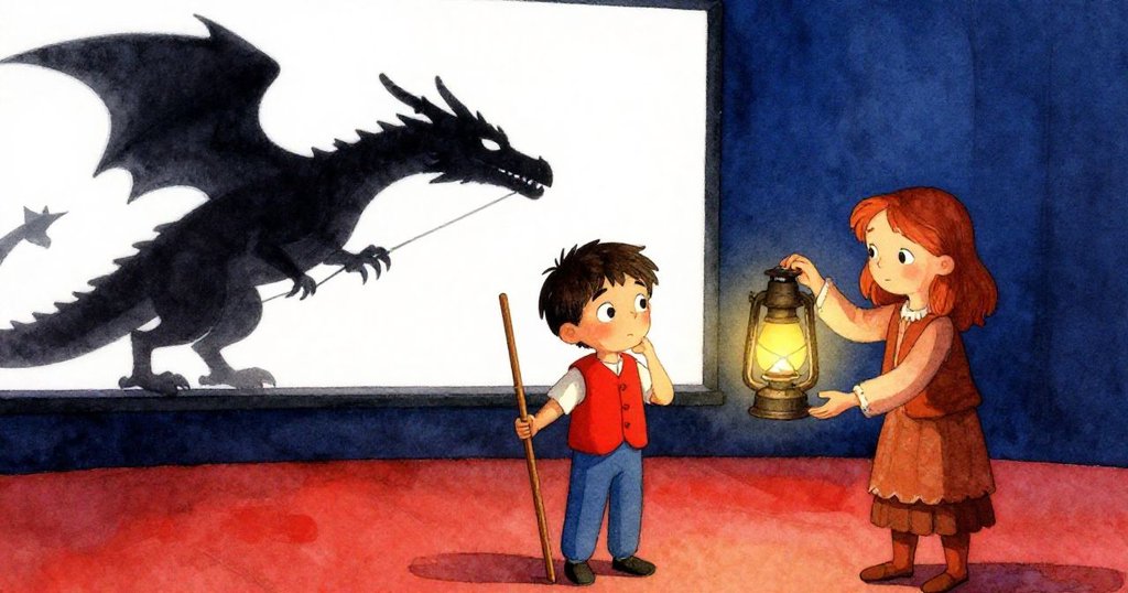 麥克斯停下猶豫中伸手操控，梅穩握燈光，龍影於幕上逐漸清晰，氣氛充滿懸疑緊張。