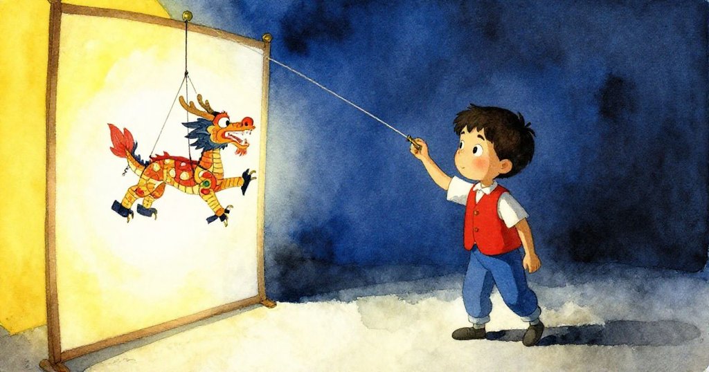 演出結束後麥克斯輕搭細線將龍偶懸掛，幕布微光映襯下象徵藝術轉化與平靜收尾。