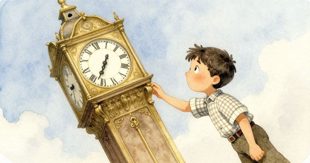 內心充滿疑慮的Ned在古老時鐘塔前觀察傾斜的時鐘指針，背景呈現古樸石牆與金色光影。