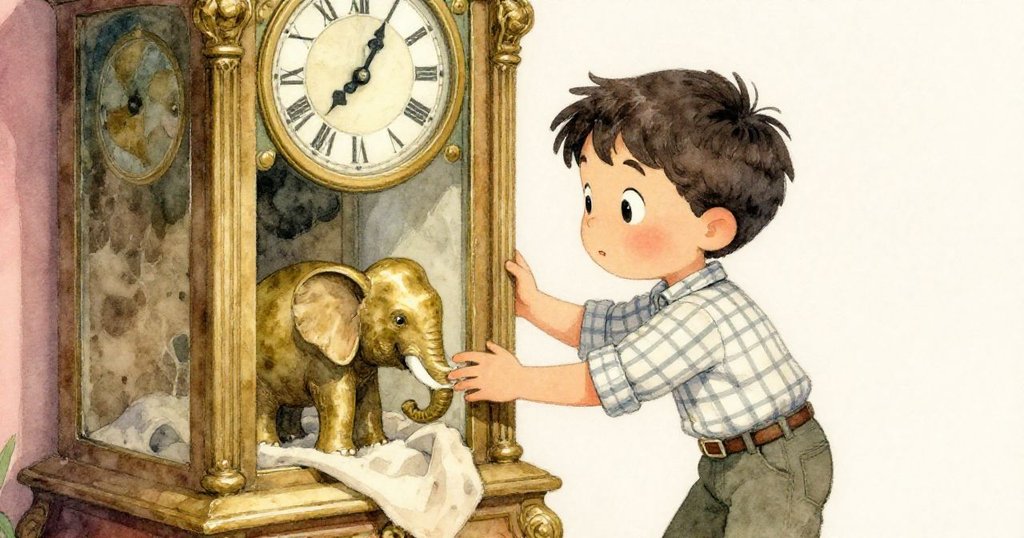 Ned在昏黃內室中輕撫古銅大象，象徵著神秘與歷史，背景有老舊木質結構與微光照射。