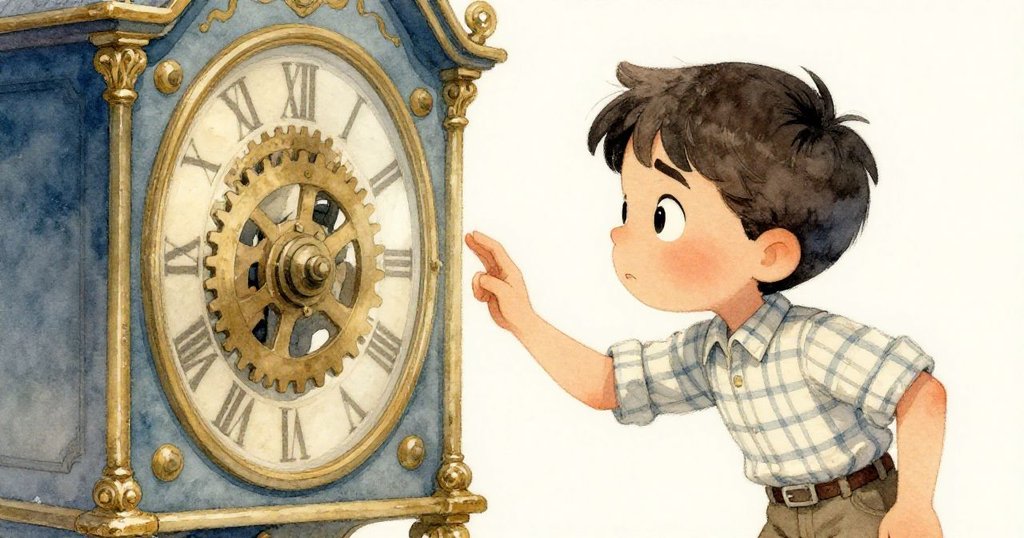 Ned在拱形齒輪反射中凝視自己，表情專注，透出古老時鐘的歷史感，周圍充滿溫柔光影。