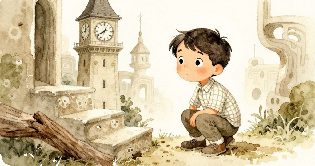 Ned蹲在老橡木階梯旁，仔細查看細膩黴菌與漂流木紋理，環境呈現超現實塔內幾何結構。