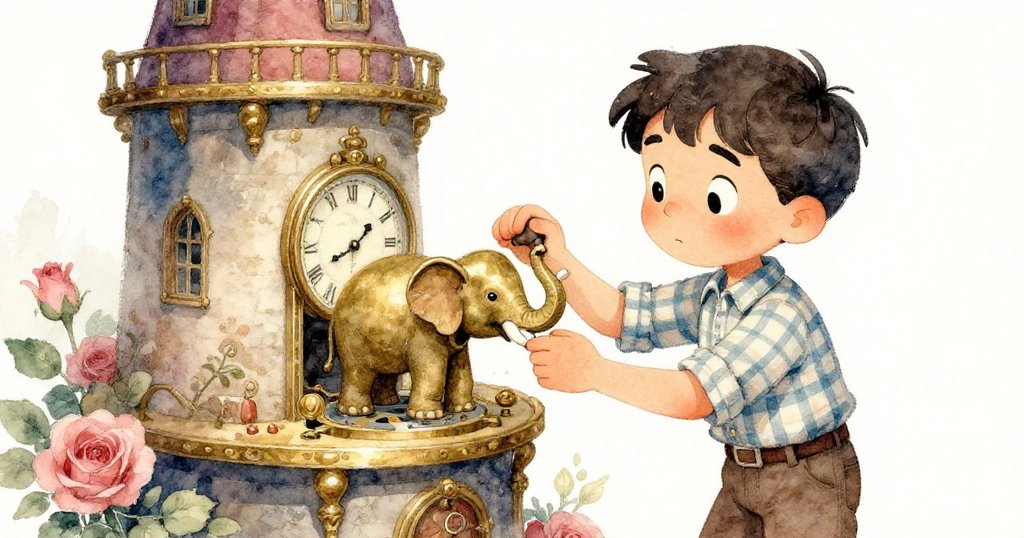 Ned手持古銅大象巧妙掛入承重木樑，透過修復時鐘機芯展現機智，表情透露著靜謐慶祝之情。