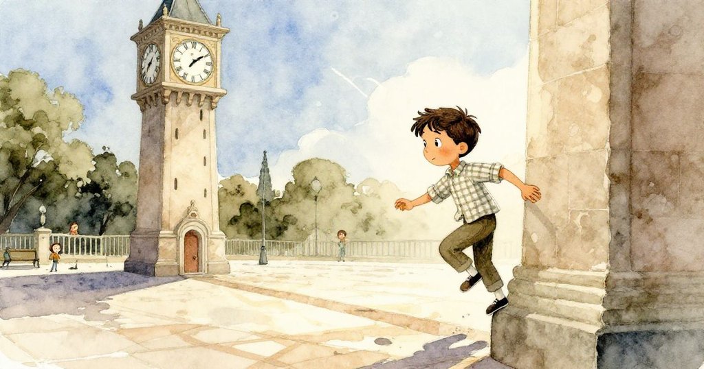 Ned從時鐘塔外緩步下樓，廣場上光影流轉，時鐘面盤顯示新時刻，背景環境散發著神秘曖昧氣氛。