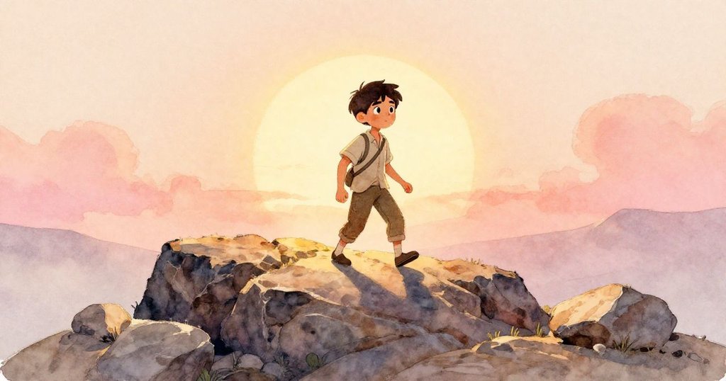 在晨曦中,Zane走向岩石高原探索,背後天空透出柔和金色與桃色,滿懷期待。