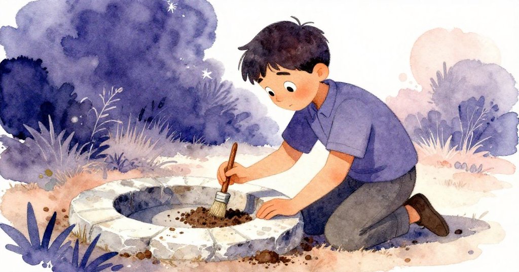 Zane跪在石頭上,用刷子輕拭凹痕,深紫與藍暗色交織,細節展現專注與沉靜。