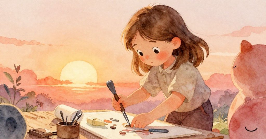 Lena在低視角中整理鑿子,夕陽橙與桃色柔光映照工具細節,周圍石面呈現自然靜謐。