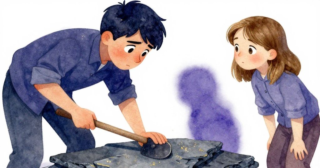 Zane小心將工具楔入石縫,Lena注視著落下的碎片,暗藍與金色交織出專注與驚嘆。