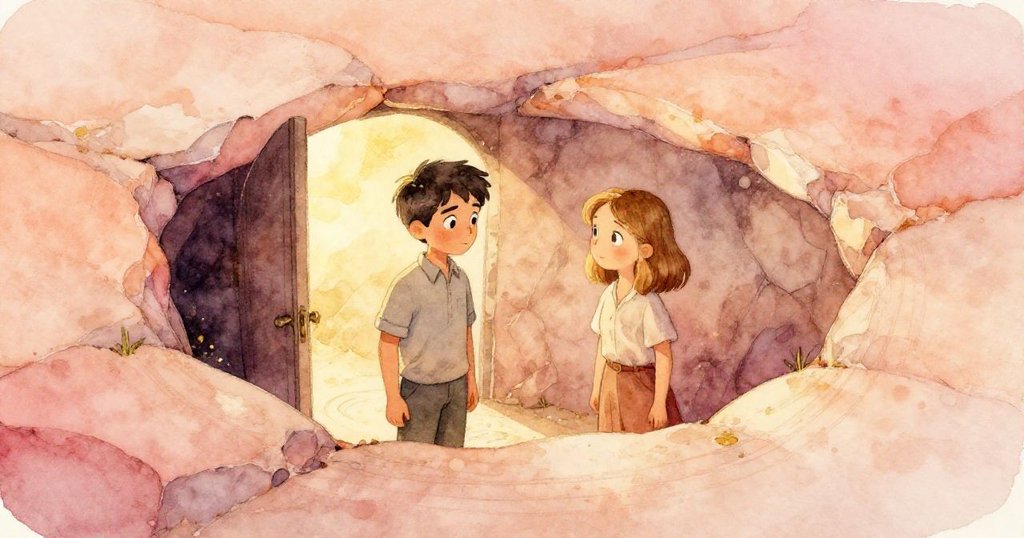 岩石凹痕化作門洞,Zane與Lena互視驚奇,桃色、玫瑰粉與金光映襯出默契與奇幻發現。