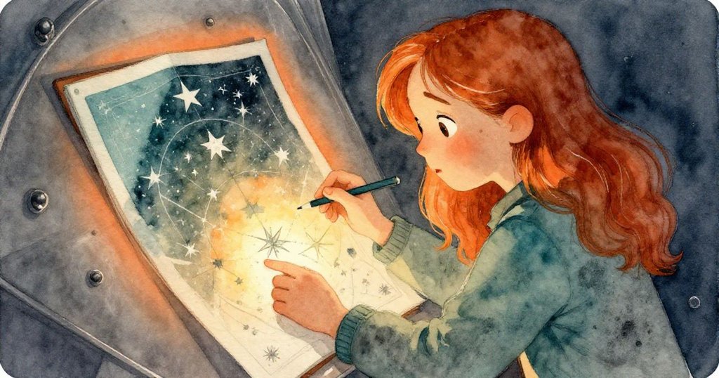 Lena專注俯身研究層疊星圖，石墨痕跡顯示她長時間的觀測，臉上流露出疑惑與驚喜，燈光溫柔照耀。