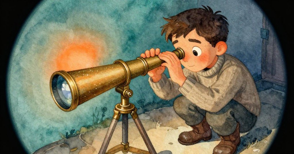 Erik在彎曲視角下仔細擦拭望遠鏡鏡片，黃銅旋鈕上閃爍金屬屑，技術與溫暖燈光交織出神秘氛圍。