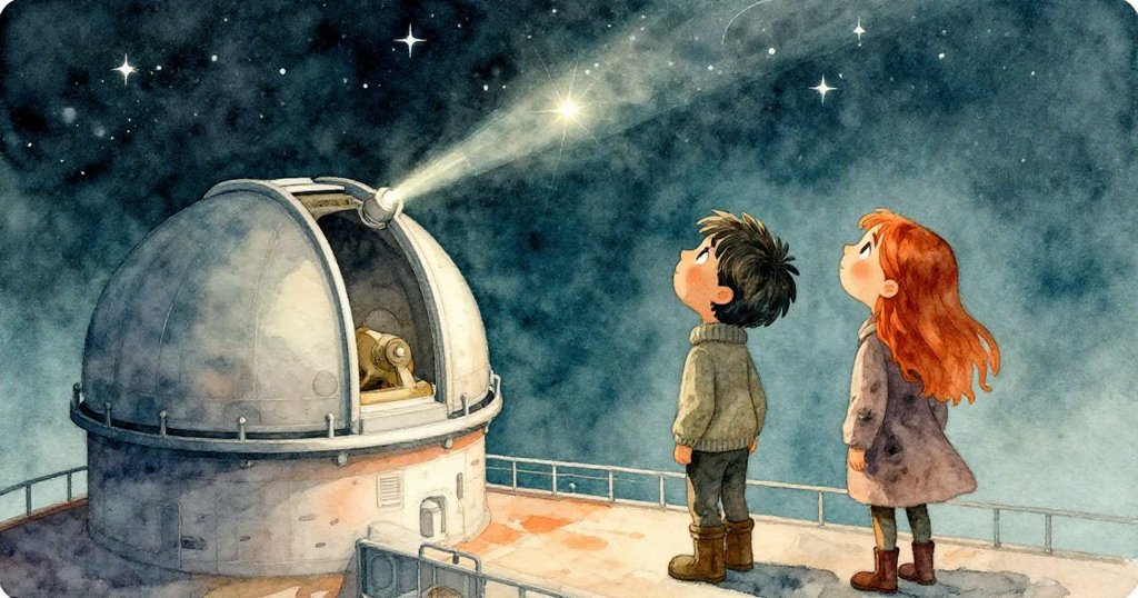 高處視角下Erik與Lena並肩仰望，圓頂狹縫與穩定星光呼應星圖，機械與自然交織出奇幻浪漫氛圍。