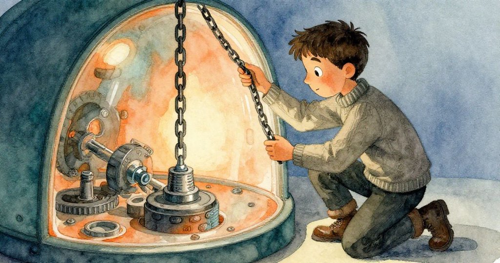 Erik專注觸摸新螺栓，調整下垂配重鏈，機械震動與光影交錯中展現出努力掙扎和驚奇心情。