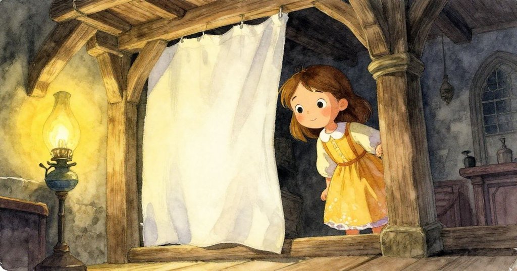 小女孩Hazel謹慎地站在柱子旁,半隱在布幕後,古老大廳中木梁與柔光營造神秘氛圍,她眼神充滿好奇。