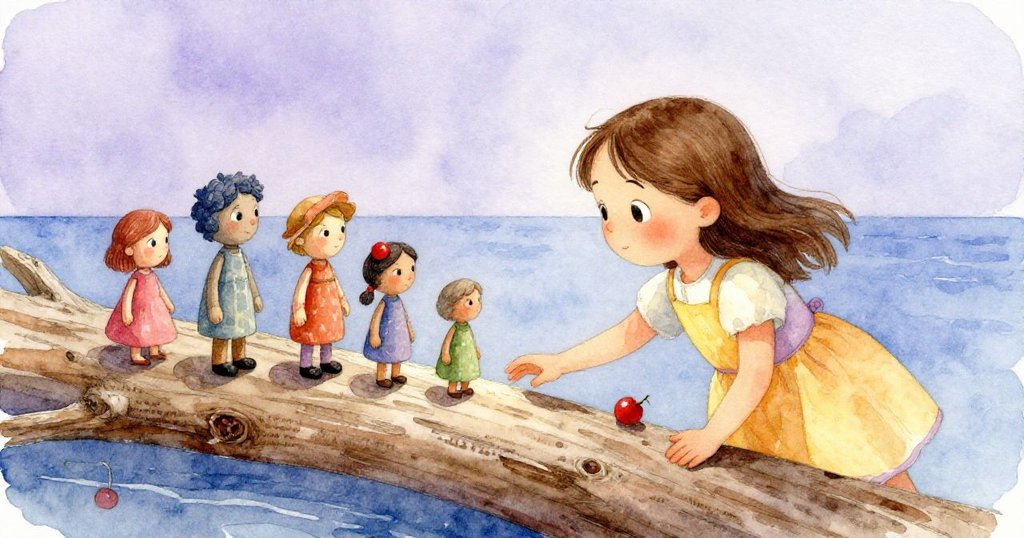 Hazel發現漂流木,上面刻有模糊字跡,細緻光影映照,神秘物件喚起遠方海岸回憶,充滿期待。