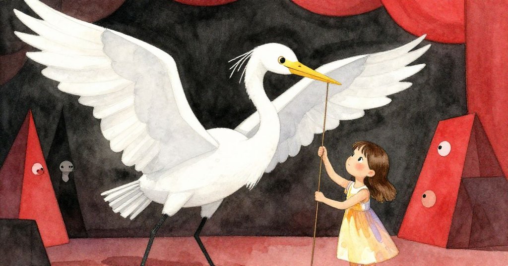 紙鷺在舞臺上變幻成巨大形態,翼展迷人,空間錯綜複雜,Hazel臉上流露出驚訝與奇幻情感。