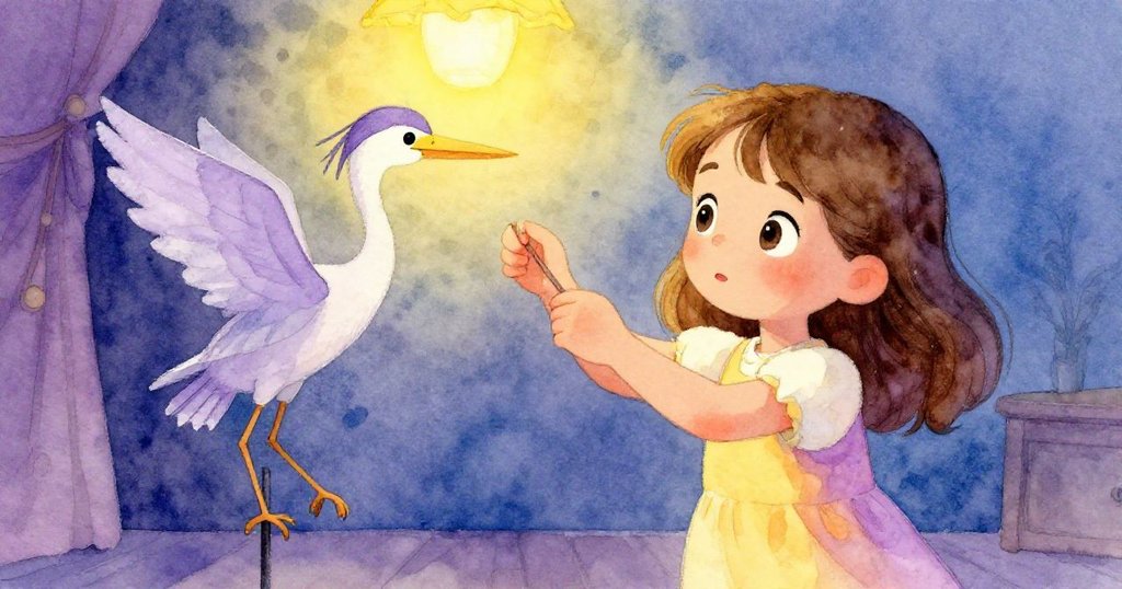 Hazel走出陰影輕輕調整紙鷺木偶,手中木杆微微搖晃,神情專注且充滿柔和好奇,燈光溫暖映照。