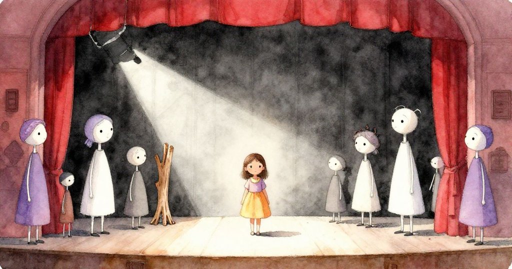 Hazel慢慢退向柱邊,舞臺上漂流木直立投下細長光線,燈光恢復寧靜,整個場景充滿安詳和溫柔情懷。