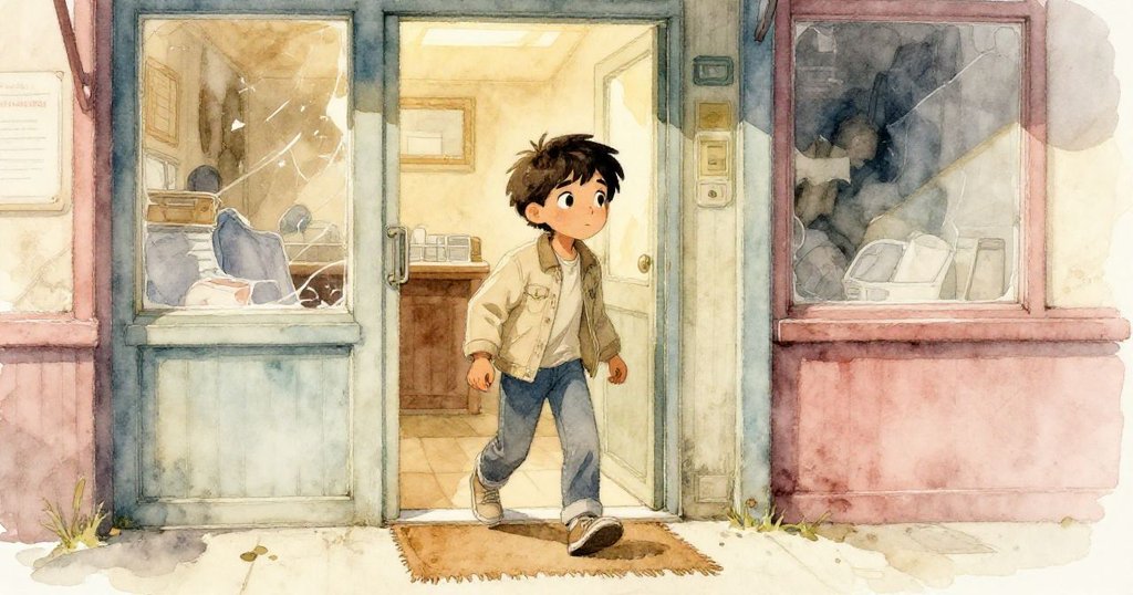 Troy 踏入柔和光線的自助洗衣店，他邊走過斑駁門口，舊門墊與陳舊機器營造溫暖氛圍。