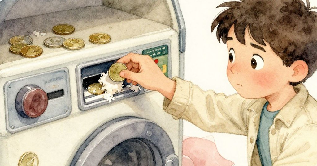 Troy 小心將硬幣送進烘乾機，他的手指觸碰到黏膩棉絮與硬化口香糖，動作專注而細緻。