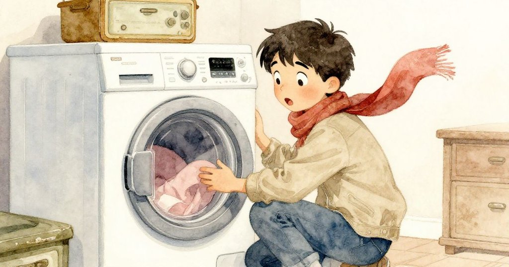 Troy 開啟運轉中的烘乾機門，驚見一條紅色圍巾輕舞於內，臉上流露出意外與温柔的表情。