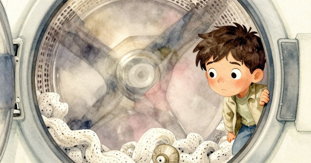 Troy 透過烘乾機內迷幻般的棉絮與橡膠狀物抽象扭曲圖案，凝視著這超現實空間，充滿好奇與驚奇。