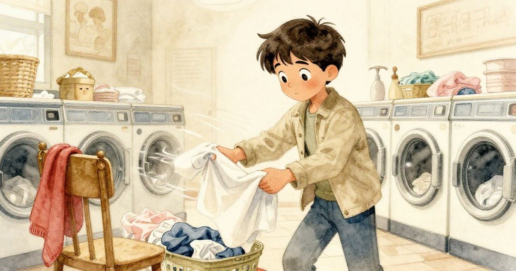 Troy 急速整理剛烘的衣物，動作中伴隨運動軌跡，旁邊舊椅上懸掛著紅色圍巾，呈現出迅速與專注的情景。