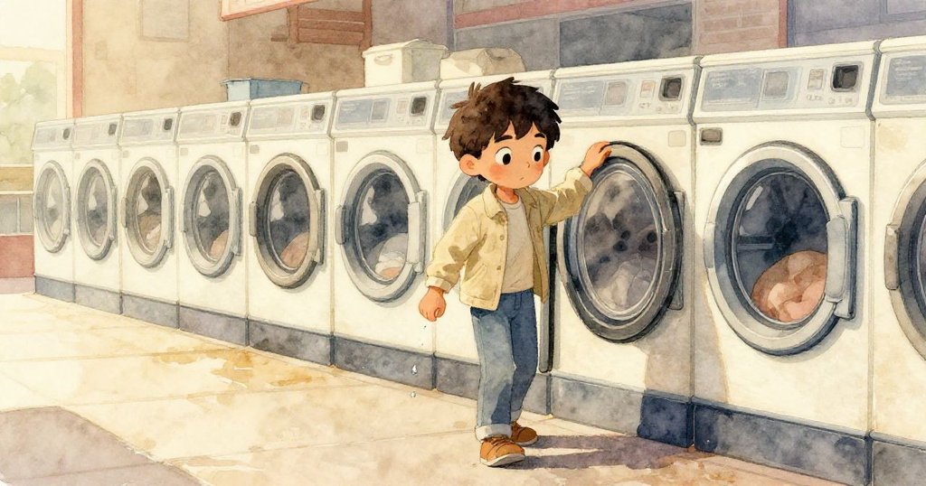 Troy 離開洗衣店，走進溫暖金色戶外，衣袖上落下一顆水珠輕觸濕潤人行道，畫面流露出深思與平靜。