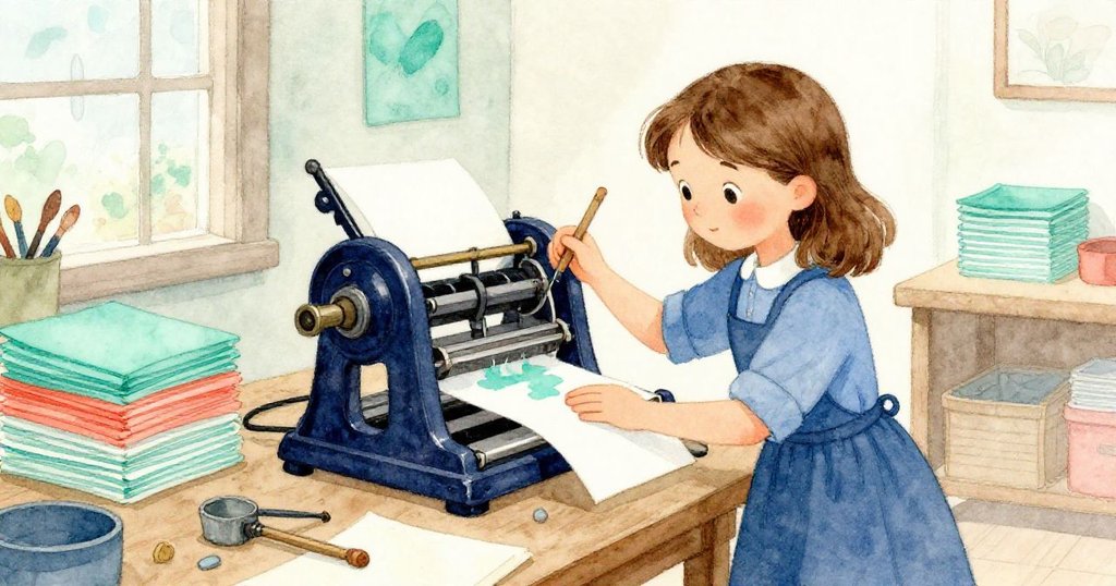 Viola在充滿古色古香印刷機與紙張堆積的工作坊中忙碌操作，明亮晨光映襯下充滿活力與期待的氛圍。