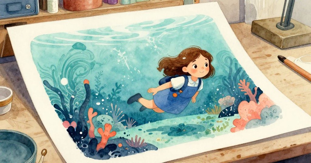 滑動的紙張露出隱而神秘的潛水印花，螺旋狀藍綠圖案在金屬印刷機反光中呈現迷人氣息。