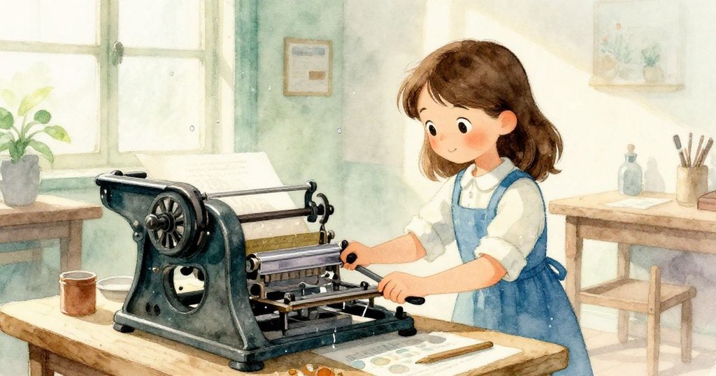 在柔和午後光線中，Viola小心使用楔子穩固印刷機，天花板滴落水珠與紙張交織出寧靜季節感。