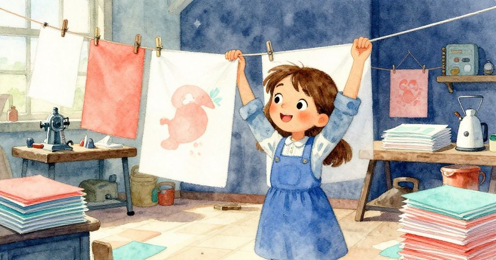 Viola滿臉喜悅掛起新印刷的紙張，四周堆滿紙堆與機械在光影映照下展現慶祝氣氛。