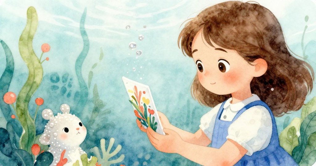 Viola輕柔捧著展現潛水景象的紙張，滿臉溫柔與感激，小動物靜靜旁觀象徵珍貴禮物分享的完美結局。