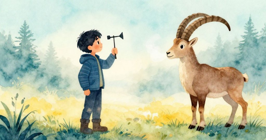 Cole在黎明中握著風速儀，背景中有輕霧與蒸氣繚繞的山羊，場面溫馨而寧靜。