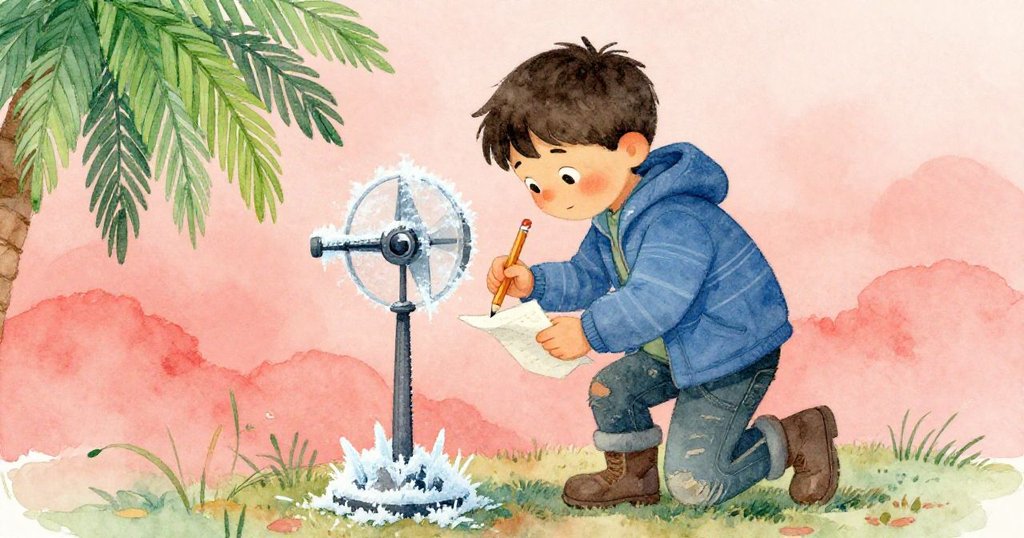 Cole仔細檢視結霜的風速儀，筆尖輕敲筆記本，神情認真，清晨寒意中蘊含著溫暖情感。