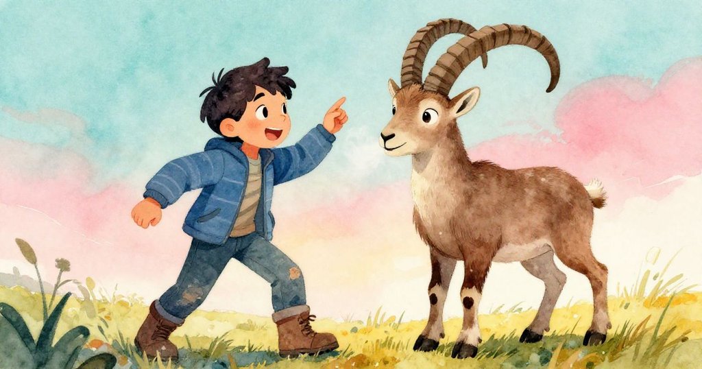 低角度展現Cole和山羊，山羊耳朵輕顫反射晨光，Cole目光堅定，充滿探索與敬畏之情。