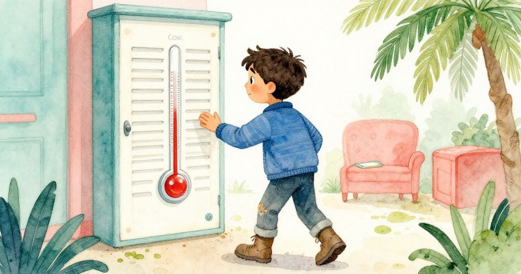 Cole朝著溫度計箱移動，認真記錄讀數，現場充滿技術感與自然光影交融，神情專注。