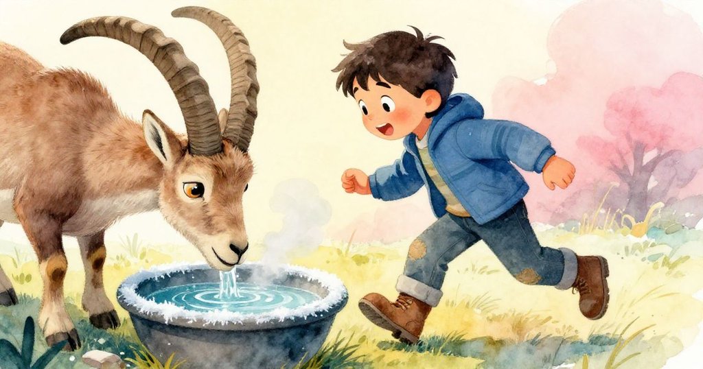 在結霜的水盆旁，山羊輕觸冰面，Cole驚訝停步，冷暖對比突出，瞬間定格充滿詩意。