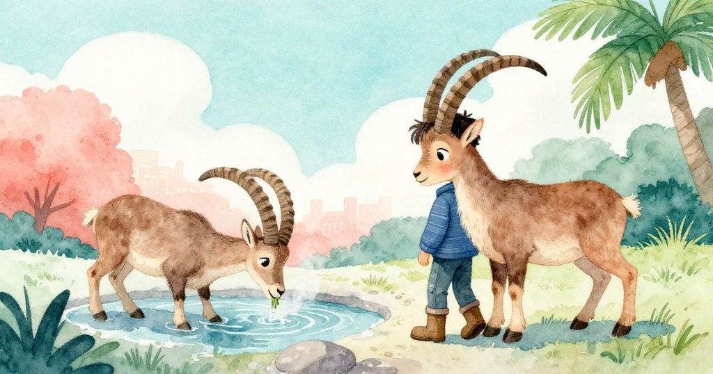 Cole閉上筆記本，靜靜觀察山羊啃食融冰邊緣，遠處雲中隱現都市光芒，畫面寧靜溫暖。