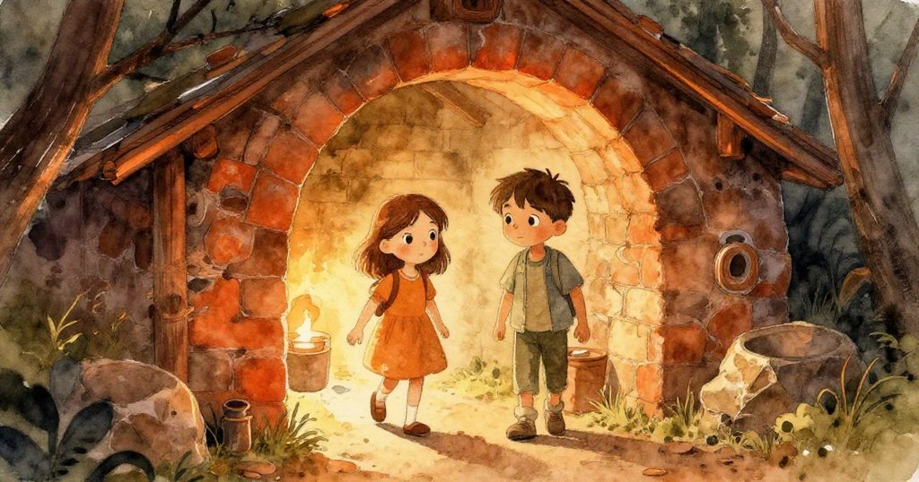 Thea與Heath手牽手走入老舊爐窯，低拱門映出暖光，兩人充滿好奇與冒險情懷。