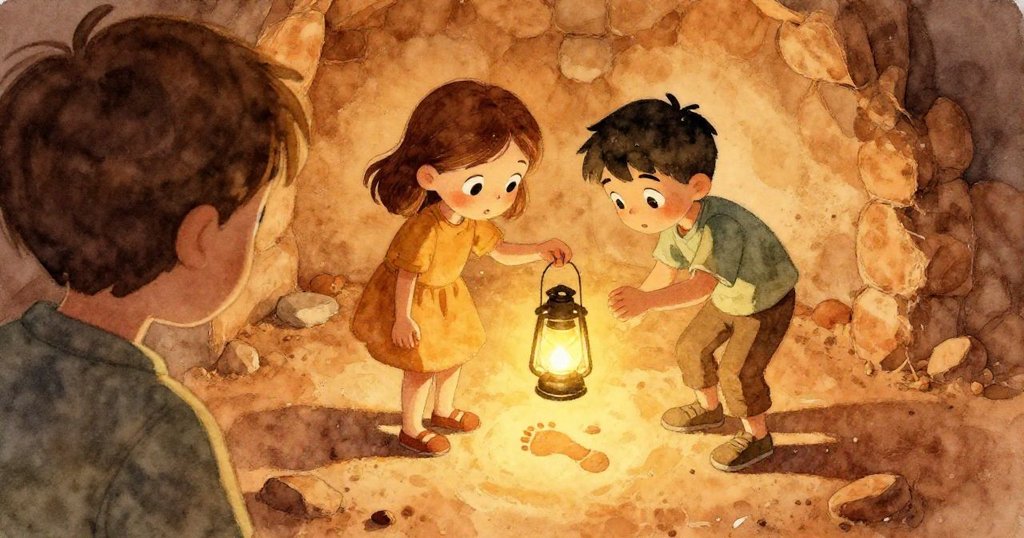 Thea轉身露背手持燈籠，Heath專注凝視著漸淡發光的腳印，爐窯內溫暖光影交織。