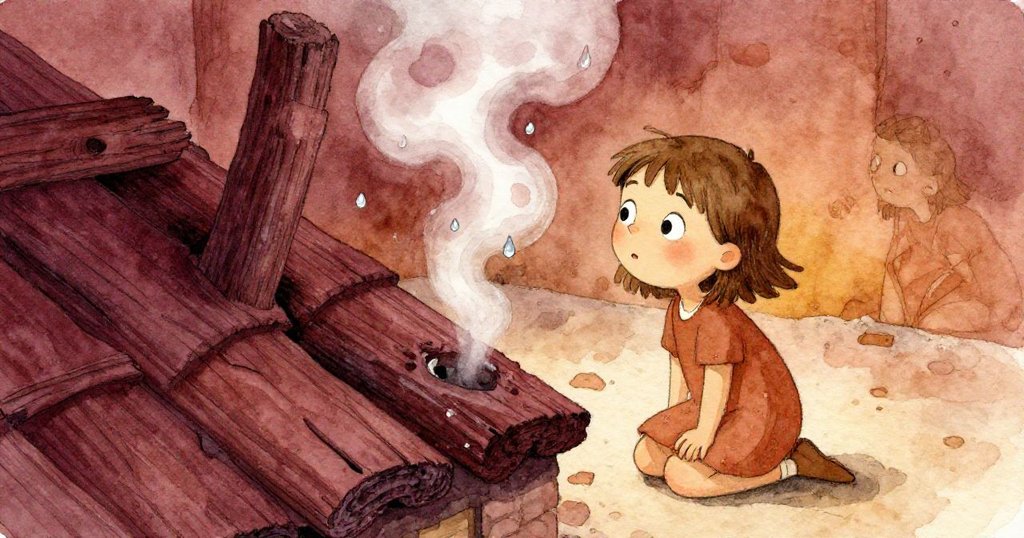 Thea蹲於黑色橫梁旁，仔細觀察裂縫中蒸汽蜿蜒上升，水珠在燈光下閃爍，氣氛神秘。