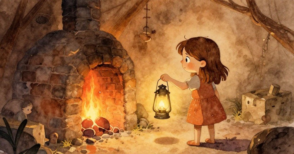 Thea聚精會神調整燈籠，面對猛烈熱浪，其神情兼具緊張與堅毅，爐內火光閃爍。